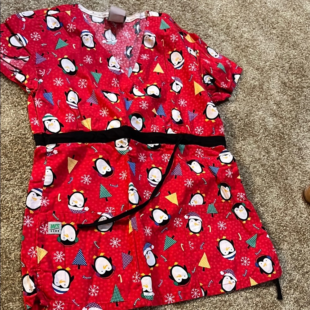 Red Penguin Print Scrub Top